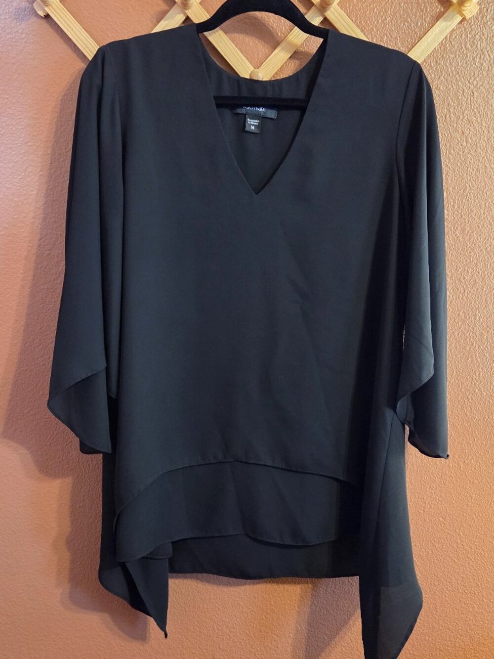 Black V Neck Layered Ruffle Hem Dolman Sleeve Witchy Blouse M